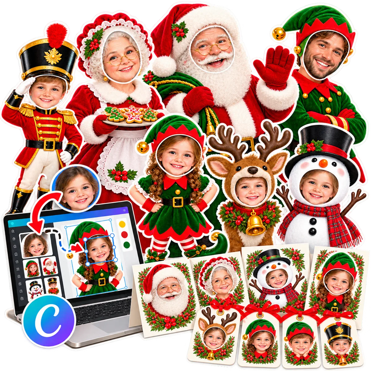 Personajes navideños personalizados con fotos en cuerpos ilustrados de elfos y Santa Claus
